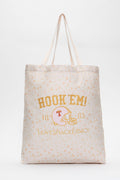 Light tan tote bag with Hook โEm lettering and football logo, long handles