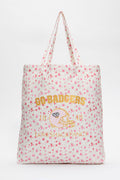White tote bag with pink floral sprinkles and Go Rangers lettering, long handles