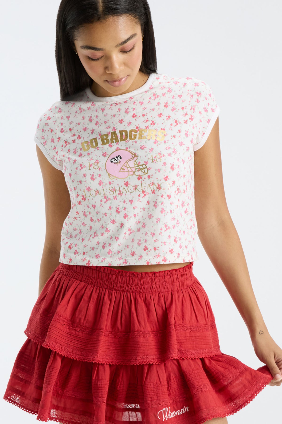 Cream floral ringer tee with white crew neck trim and large front graphic