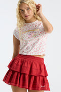 Deep red tiered ruffle mini skirt with elastic waistband and lace-trim tiers