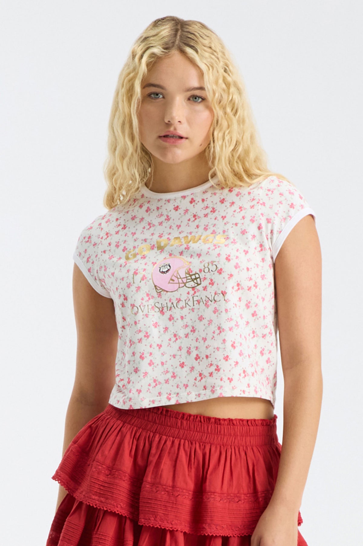 Fanatics x LoveShackFancy floral cap-sleeve ringer tee with football logo graphic
