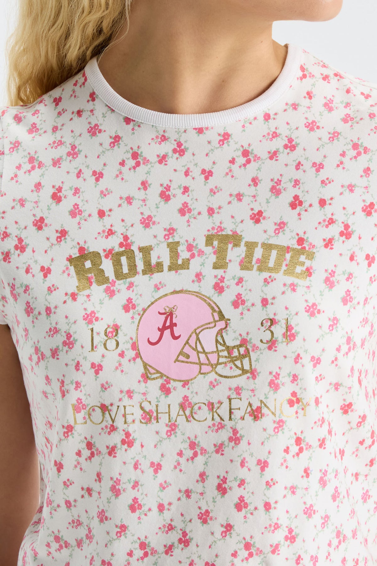 Cropped ringer tee with gold โROLL TIDEโ text and football helmet graphic