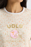 Cream floral ringer T-shirt with VOLS and LoveShackFancy logo print