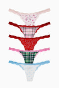 Pack of five cotton thong panties with lace edges: white floral, green plaid, red hearts