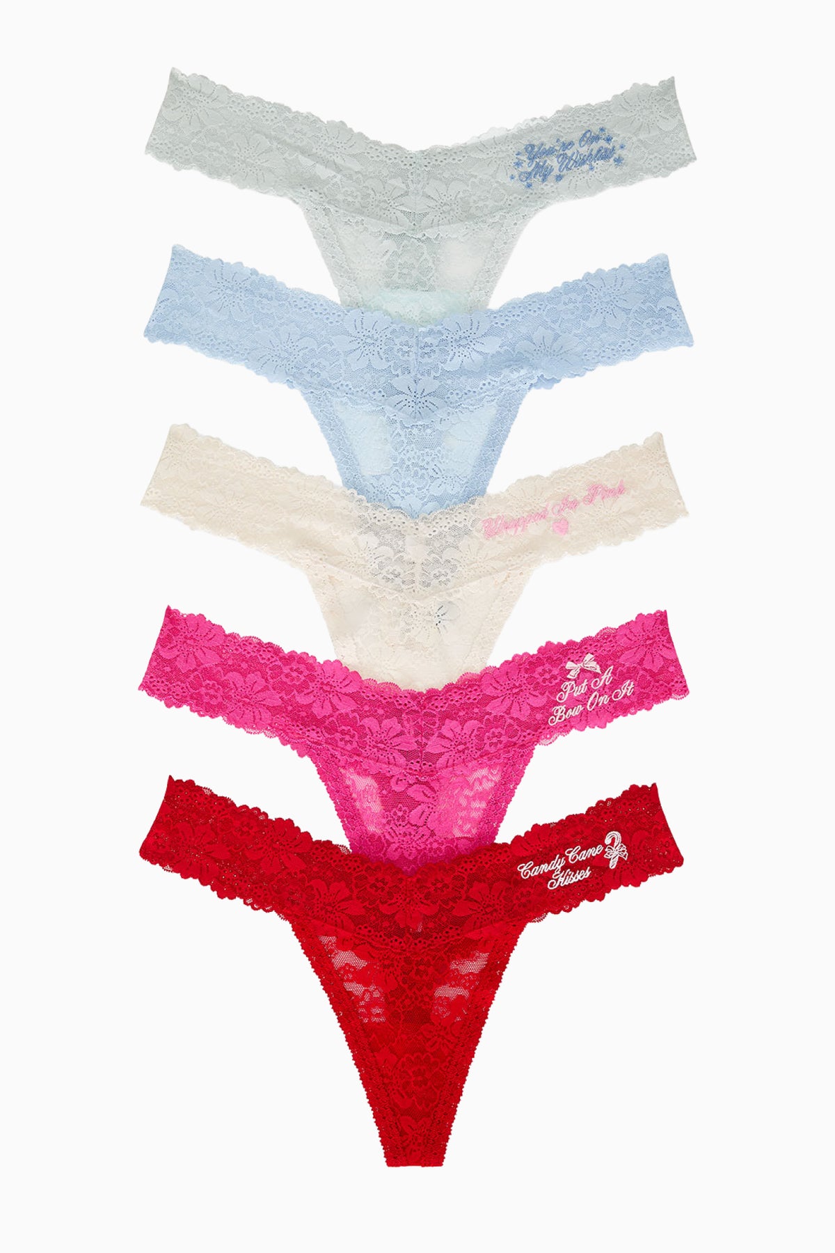 Pack of 5 lace thong panties, mixed pastel blue pink and red lace