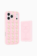 Pink floral wireless portable charger with MagSafe-style back plate and side button