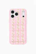 Pink floral wireless portable charger front with raised edges and cutouts