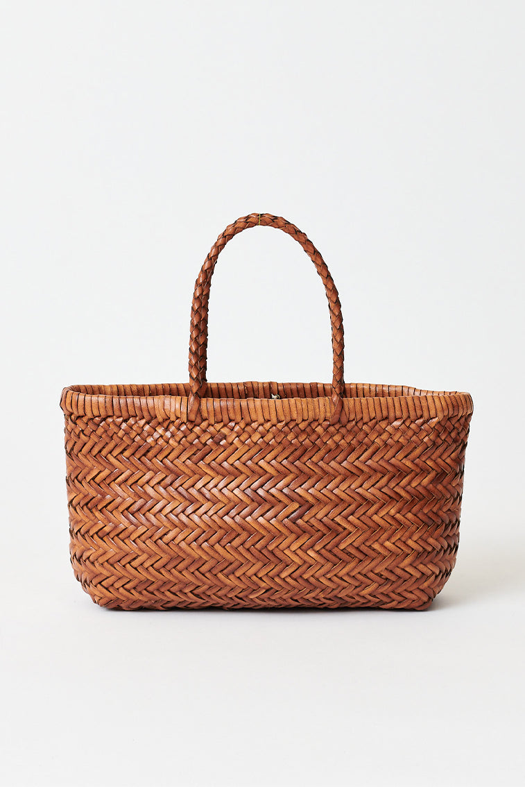 Mini flat woven tote bag in warm brown with braided top handles
