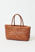 Mini woven tote bag in warm brown with two braided handles