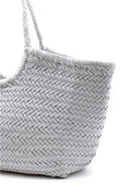 Woven tote bag side panel detail, off-white herringbone weave and loop handle