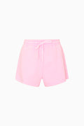 Light pink fleece shorts, flat lay with elastic waistband and drawstring