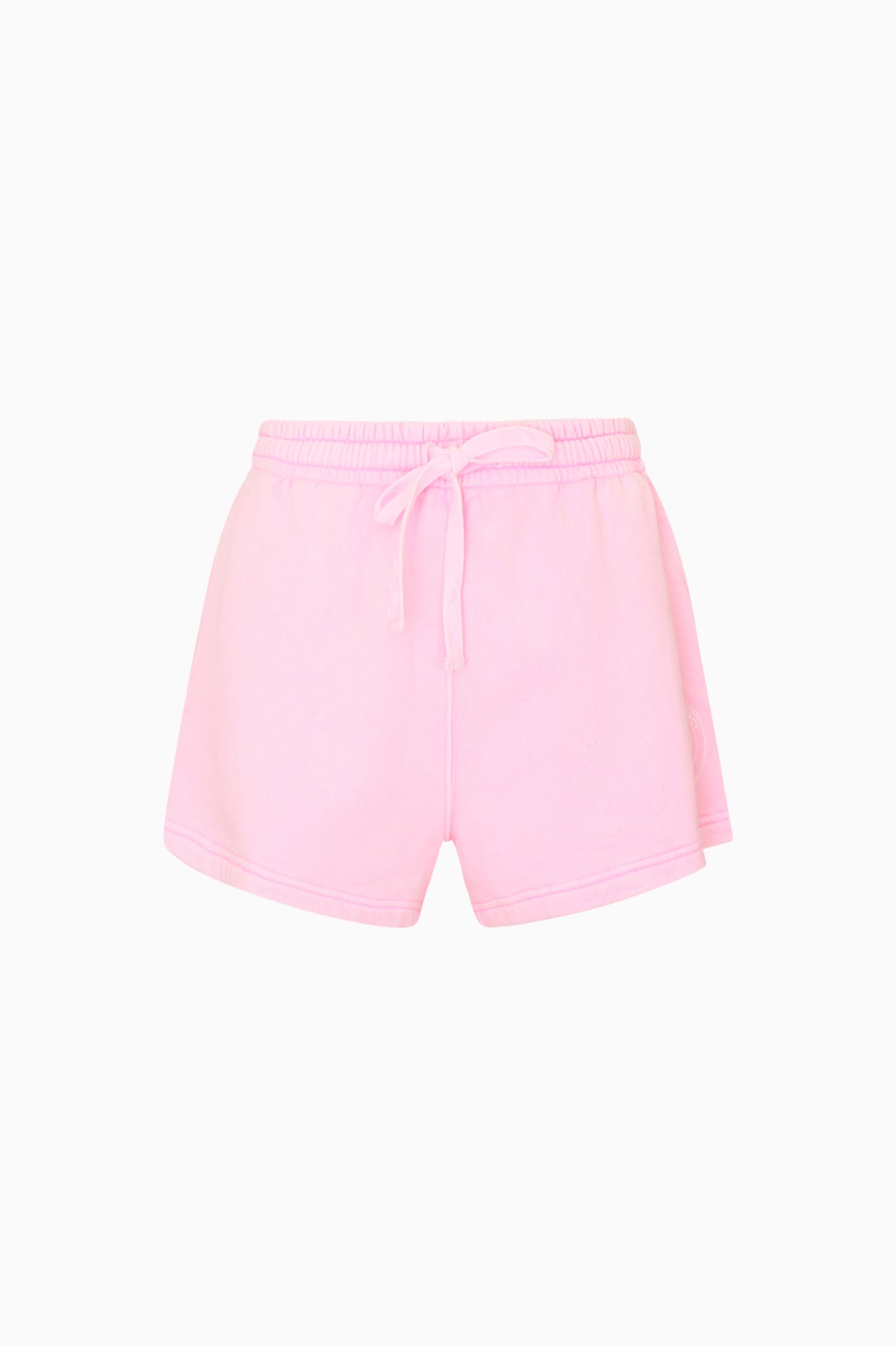 Light pink fleece shorts, flat lay with elastic waistband and drawstring