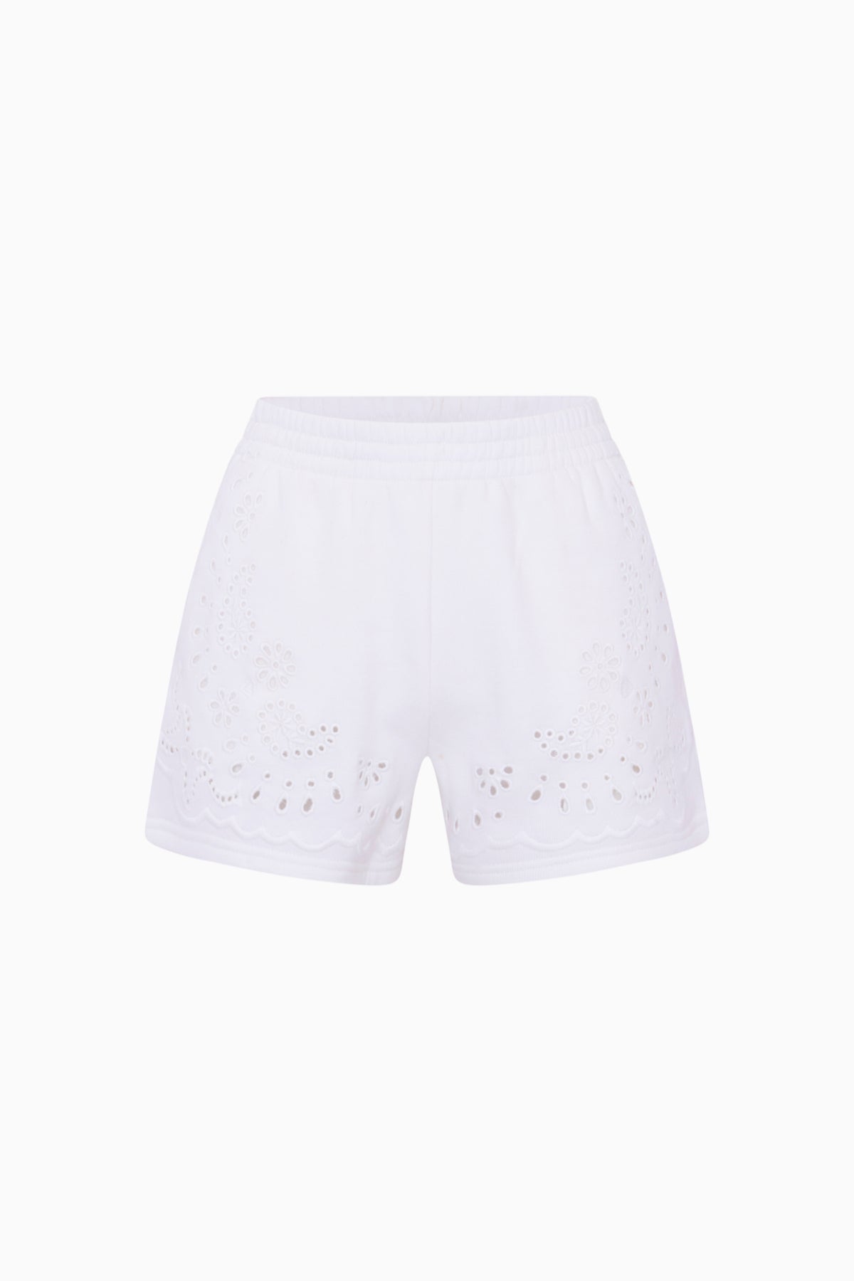 White fleece shorts with allover eyelet embroidery, pull-on elastic waistband