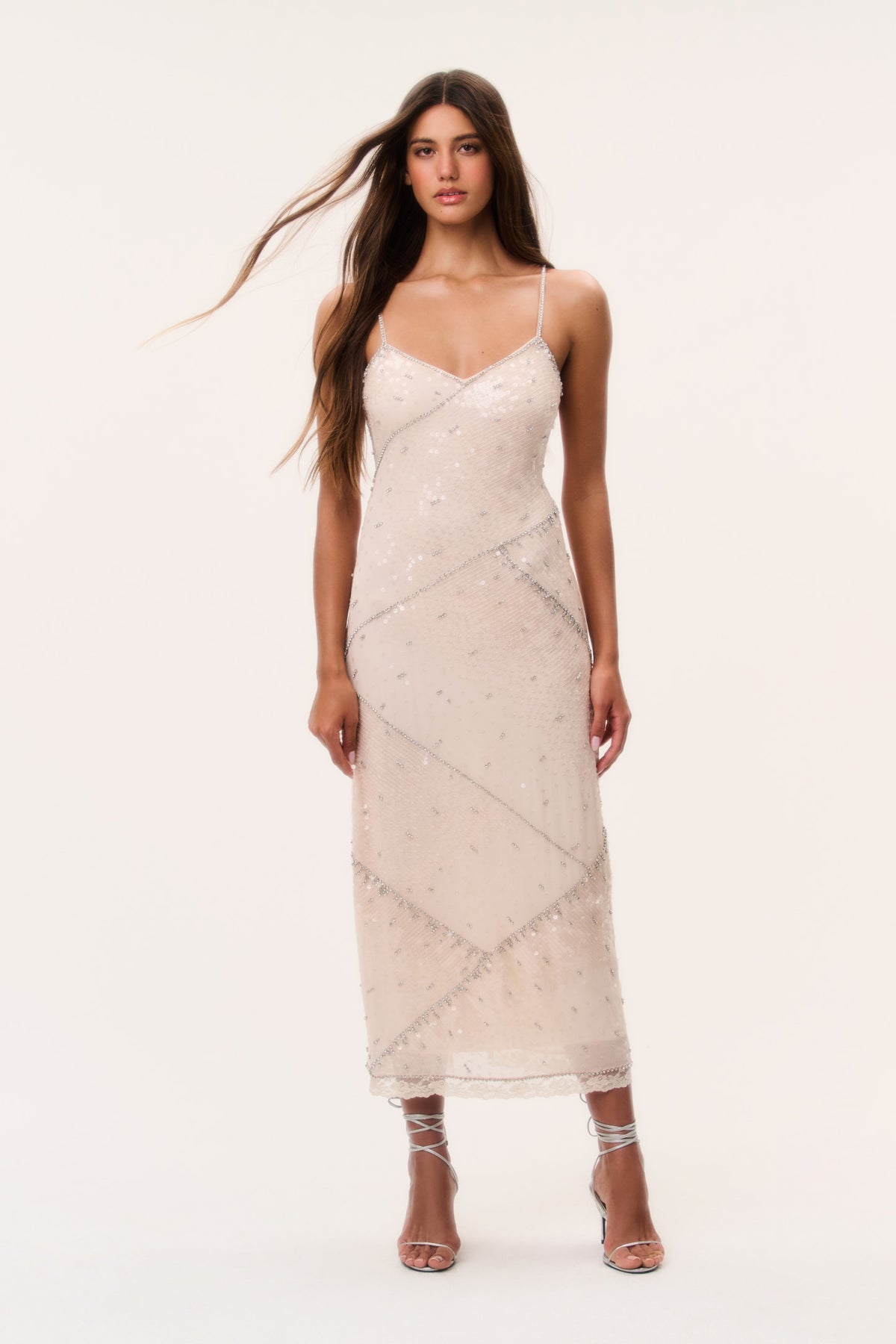 Sequin maxi dress, shimmery peach, spaghetti straps and V-neck front