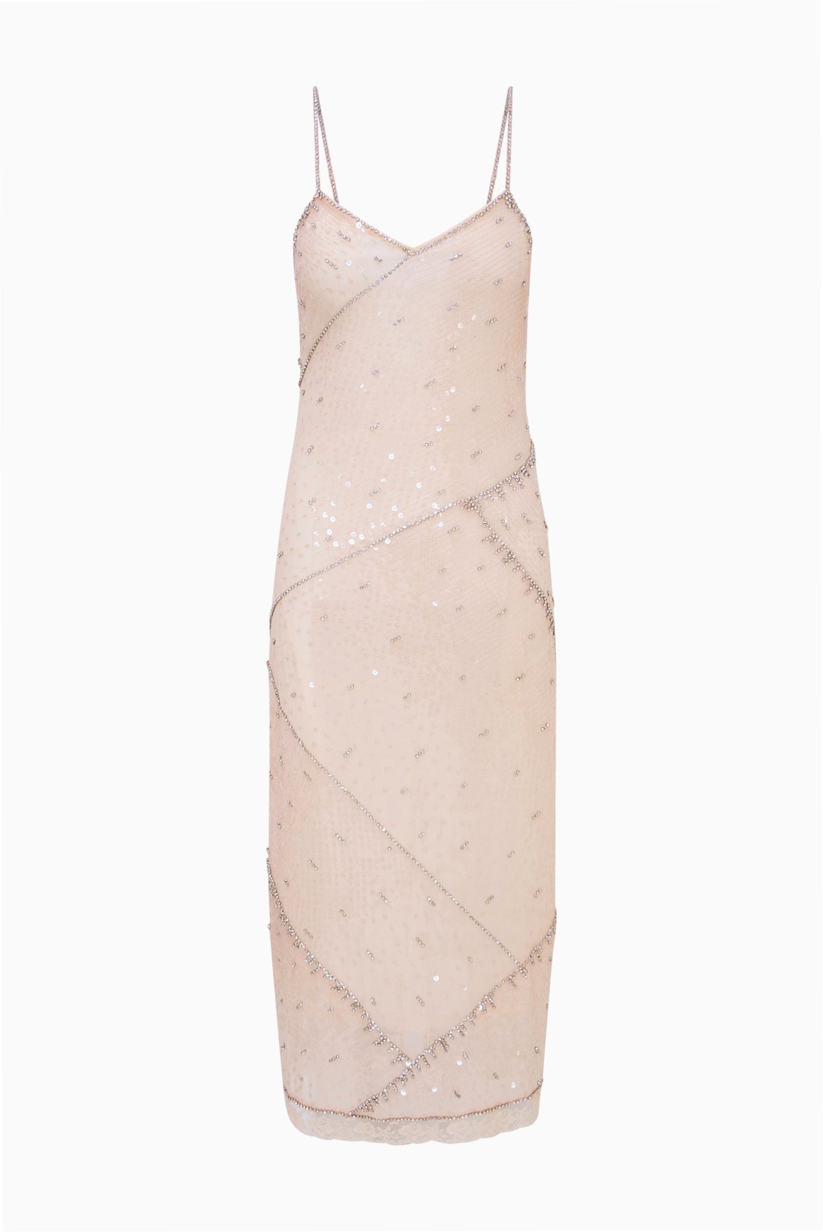 Sequin maxi dress in light peach, spaghetti straps, V-neck and slit hem