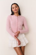 Fitted pink cashmere cardigan, button-front, long sleeves, cropped hem