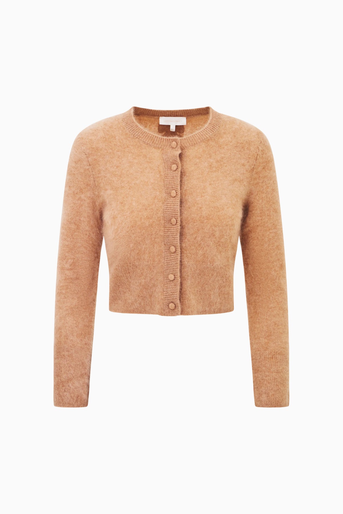 Fitted brown cashmere cardigan, button-front, long sleeves, cropped