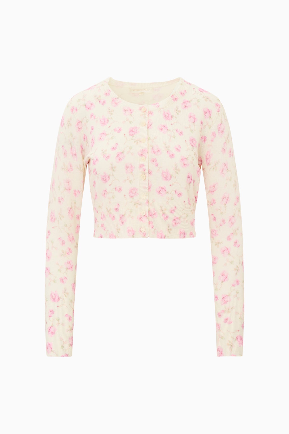 Floral print cotton cardigan in light pink with front button placket and long sleeves