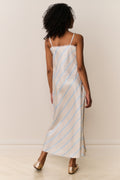 Light blue and white striped maxi dress with spaghetti straps, open back
