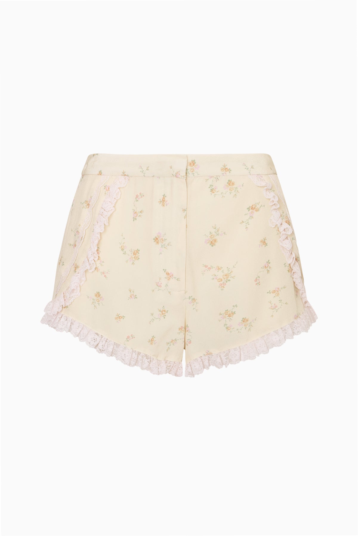 Floral lace-trimmed shorts, pale yellow with scalloped lace hem.