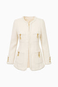 Cream tweed embellished jacket with zip front, patch pockets, and gold-tone charm buttons