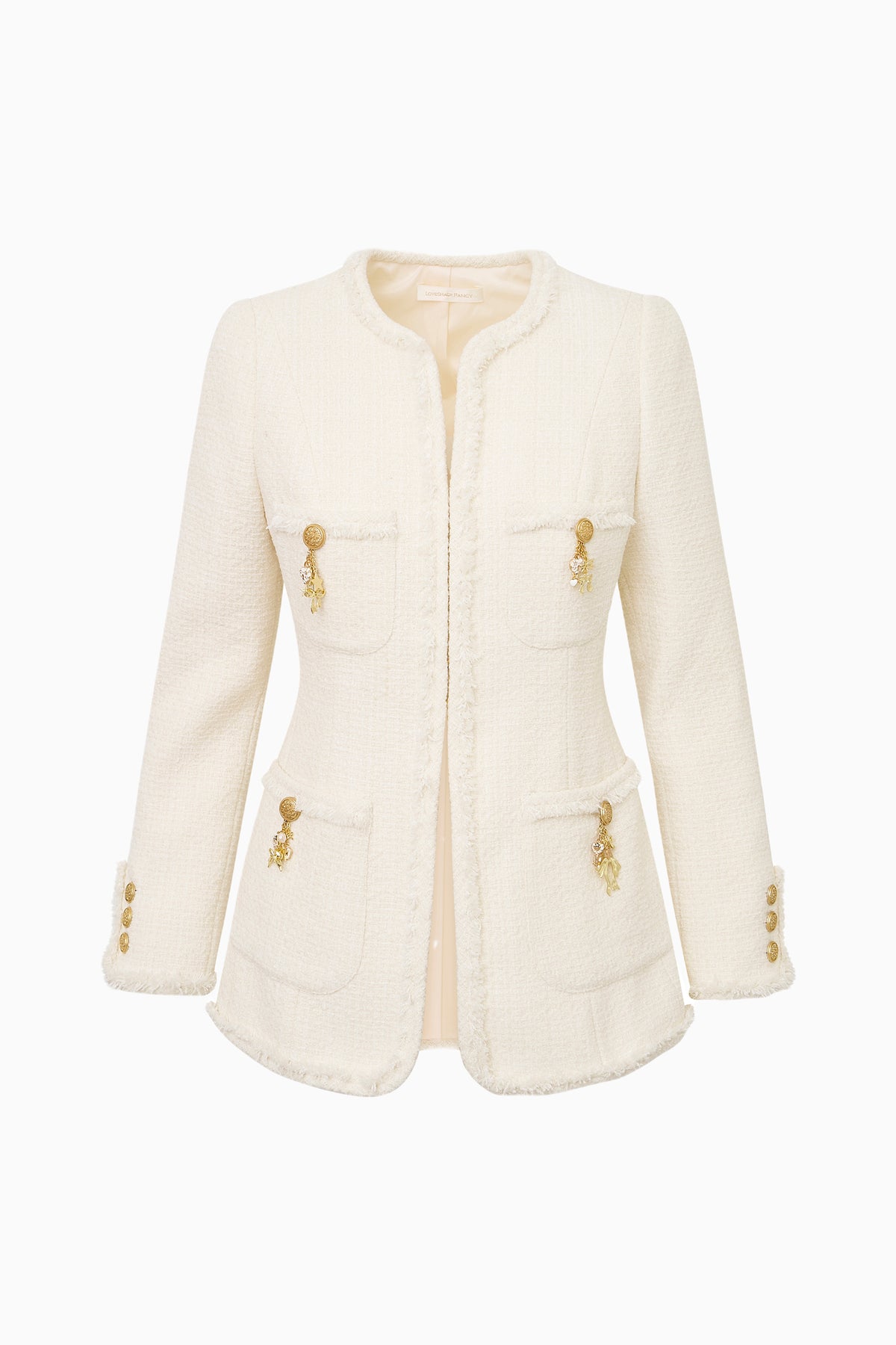 Cream tweed embellished jacket with zip front, patch pockets, and gold-tone charm buttons