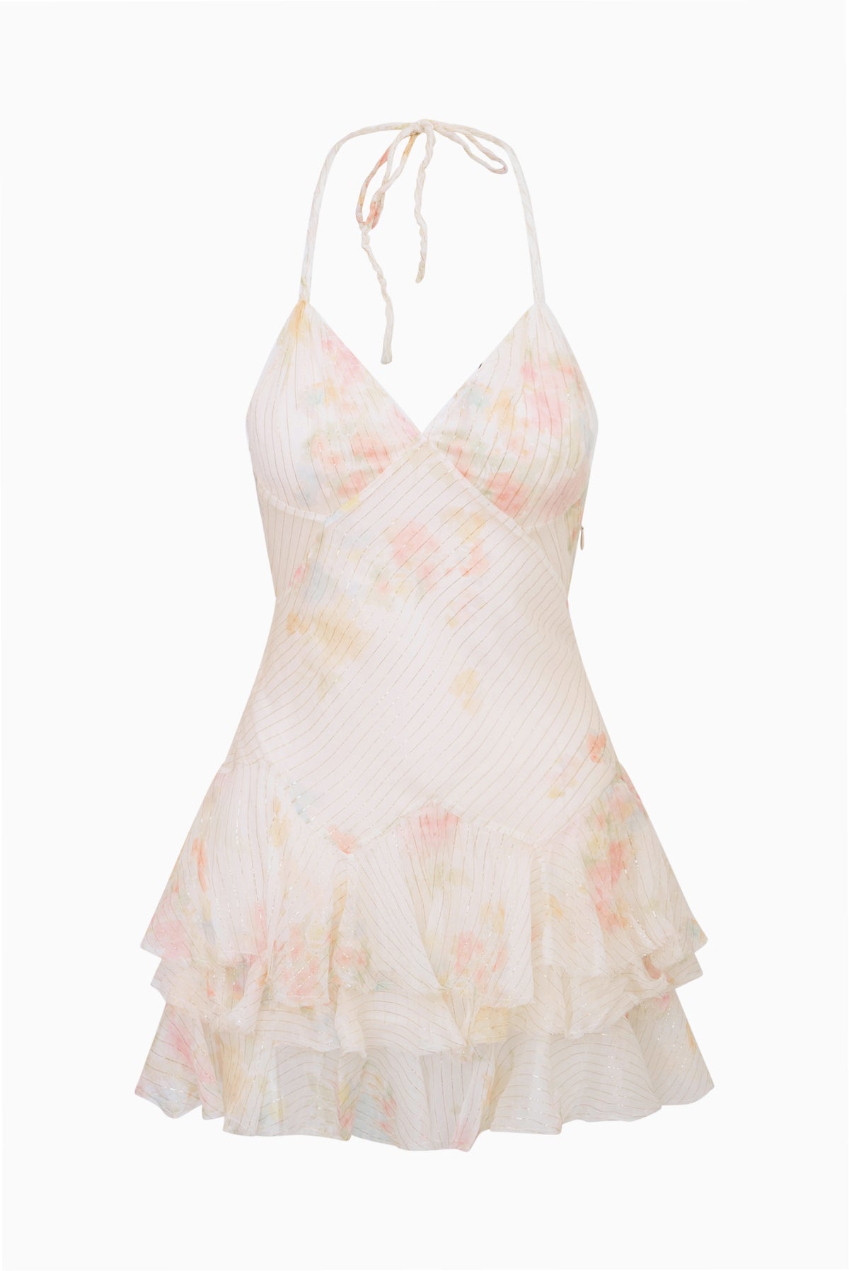 White silk chiffon mini dress with pastel print, V halter, and layered ruffle skirt