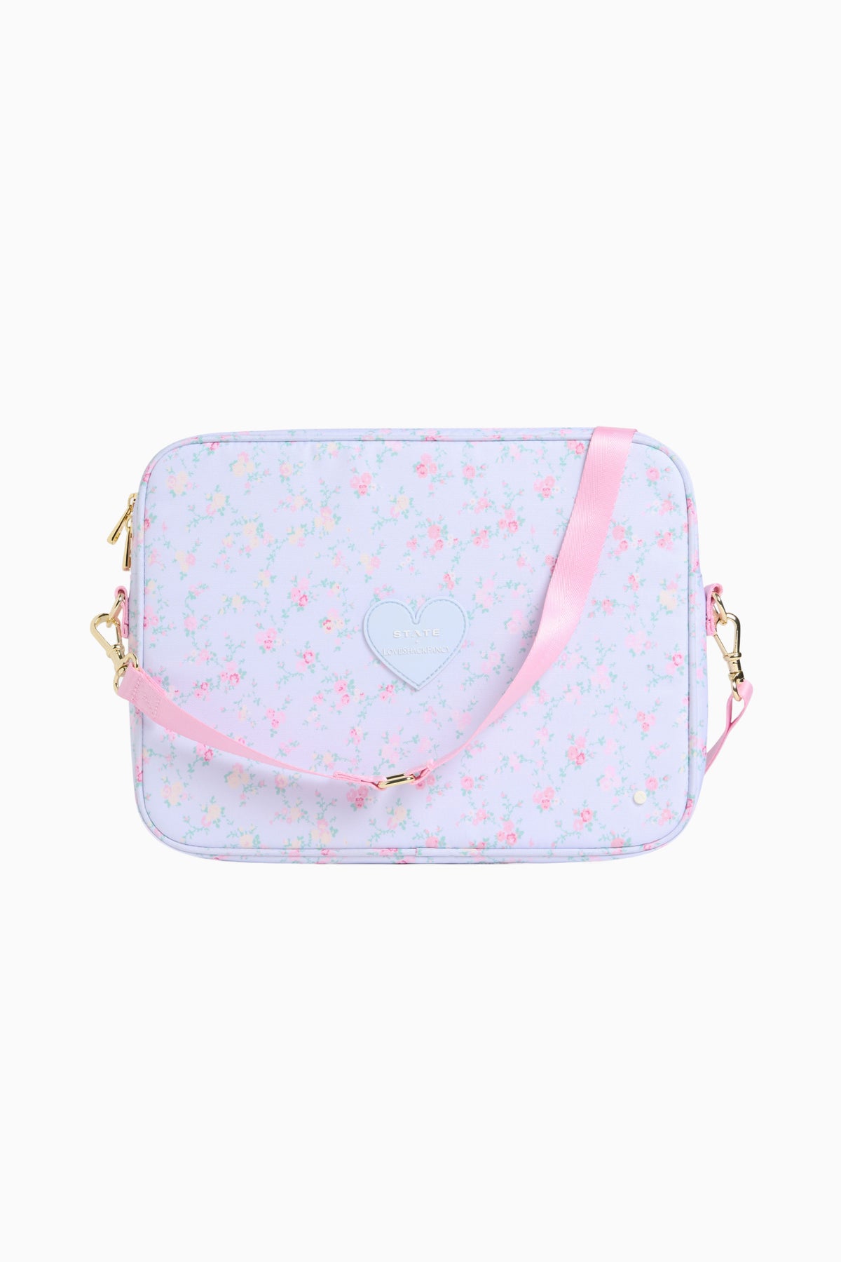 Floral laptop case with heart emblem, pink trim, gold-tone hardware, zip closure