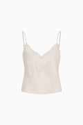 Cream crepe tween cami with lace trim scalloped neckline and thin spaghetti straps