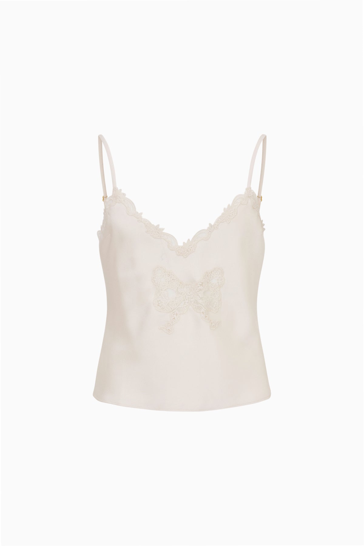 Cream crepe tween cami with lace trim scalloped neckline and thin spaghetti straps