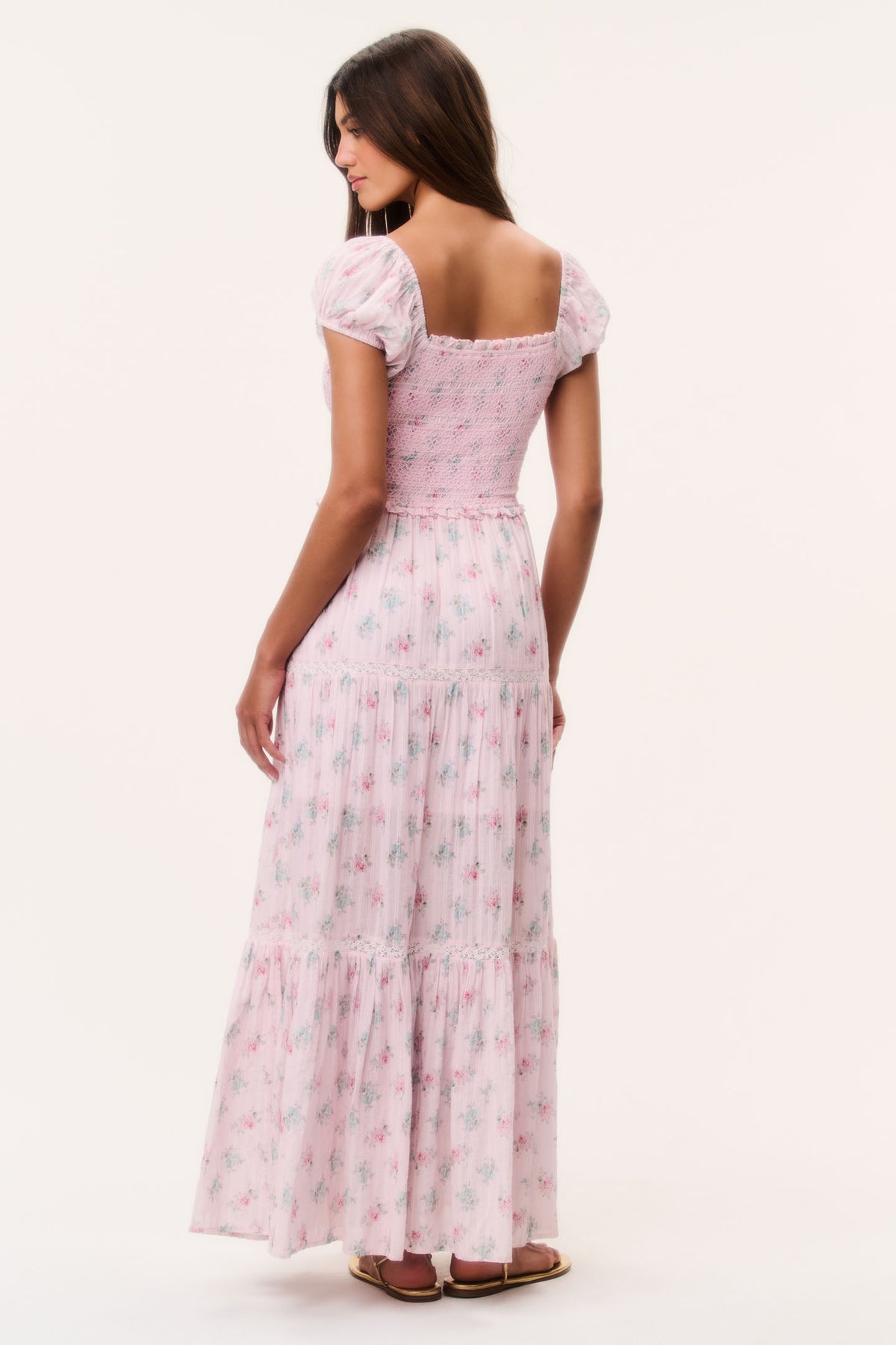 Floral cotton maxi dress with square back, puff sleeves, smocked waist, and tiered skirt