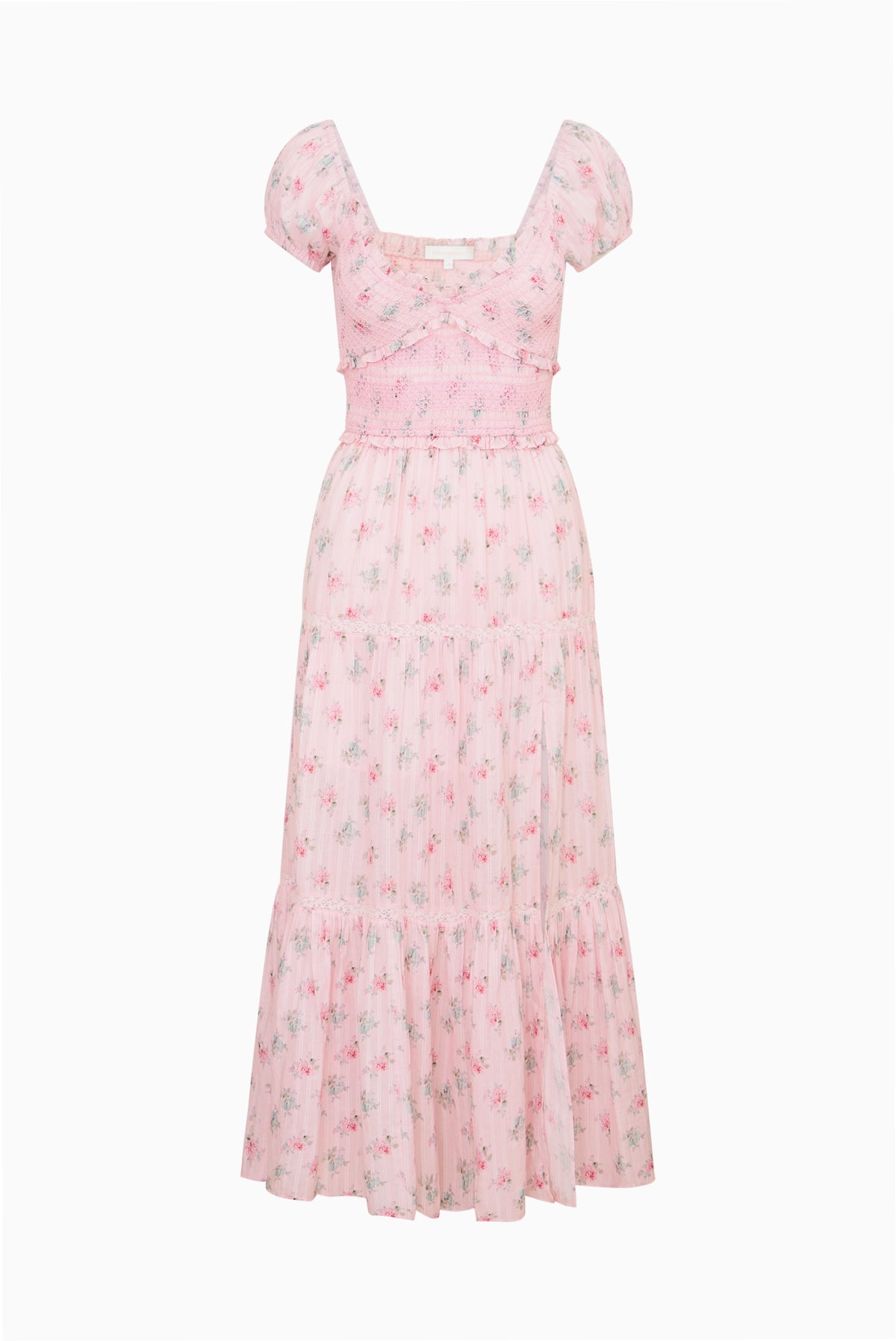 Floral cotton maxi dress front view with square neckline and puff sleeves