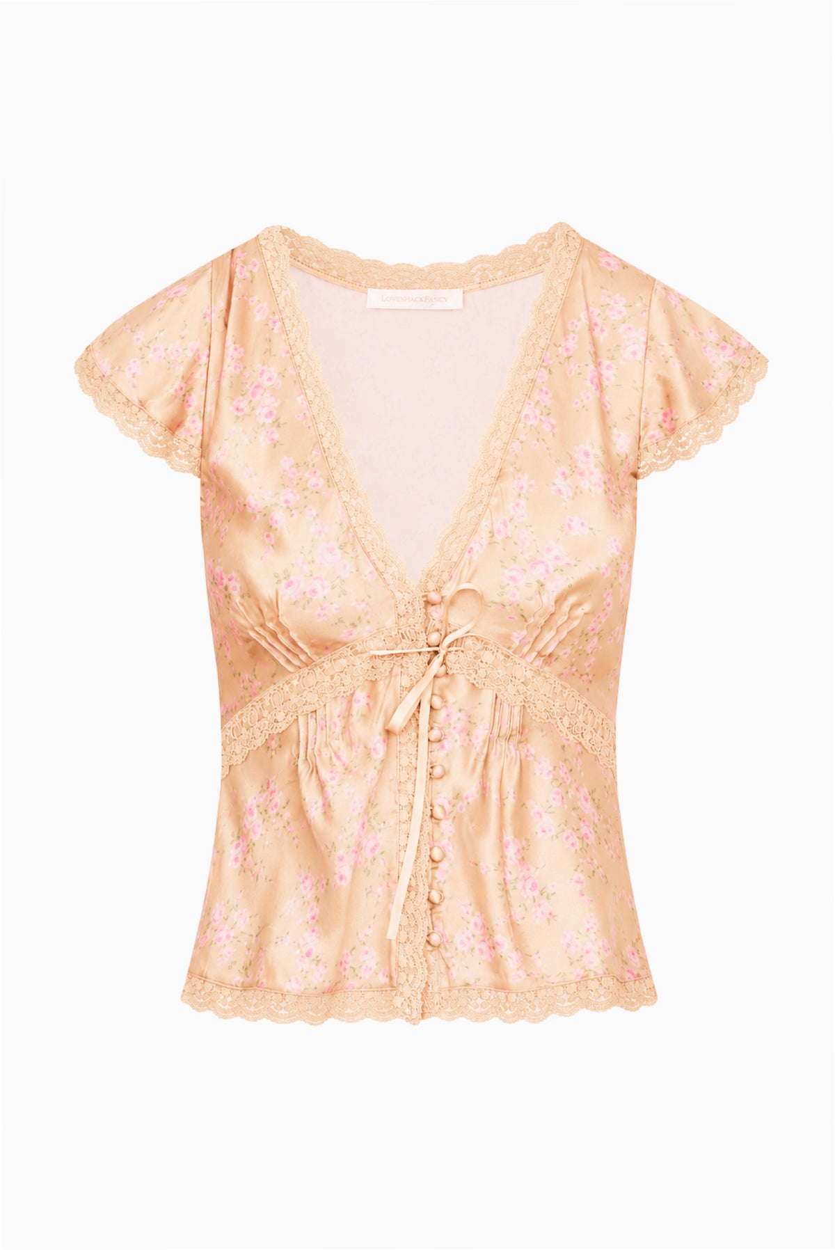 Silk-blend floral top, blush floral print, v-neck tie-front, lace flutter sleeves (flat lay)