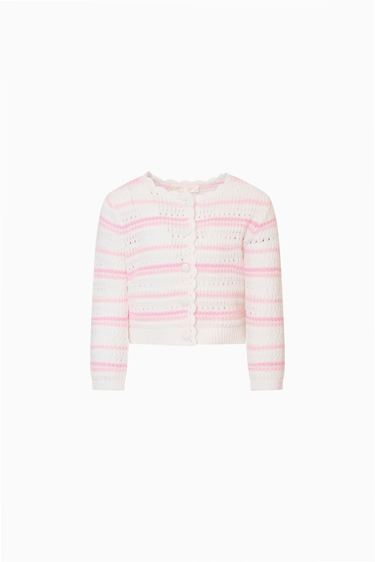 Girls crochet cardigan with pink-and-white stripe, button front, long sleeves.