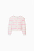 Girls crochet cardigan with pink-and-white stripe, button front, long sleeves.