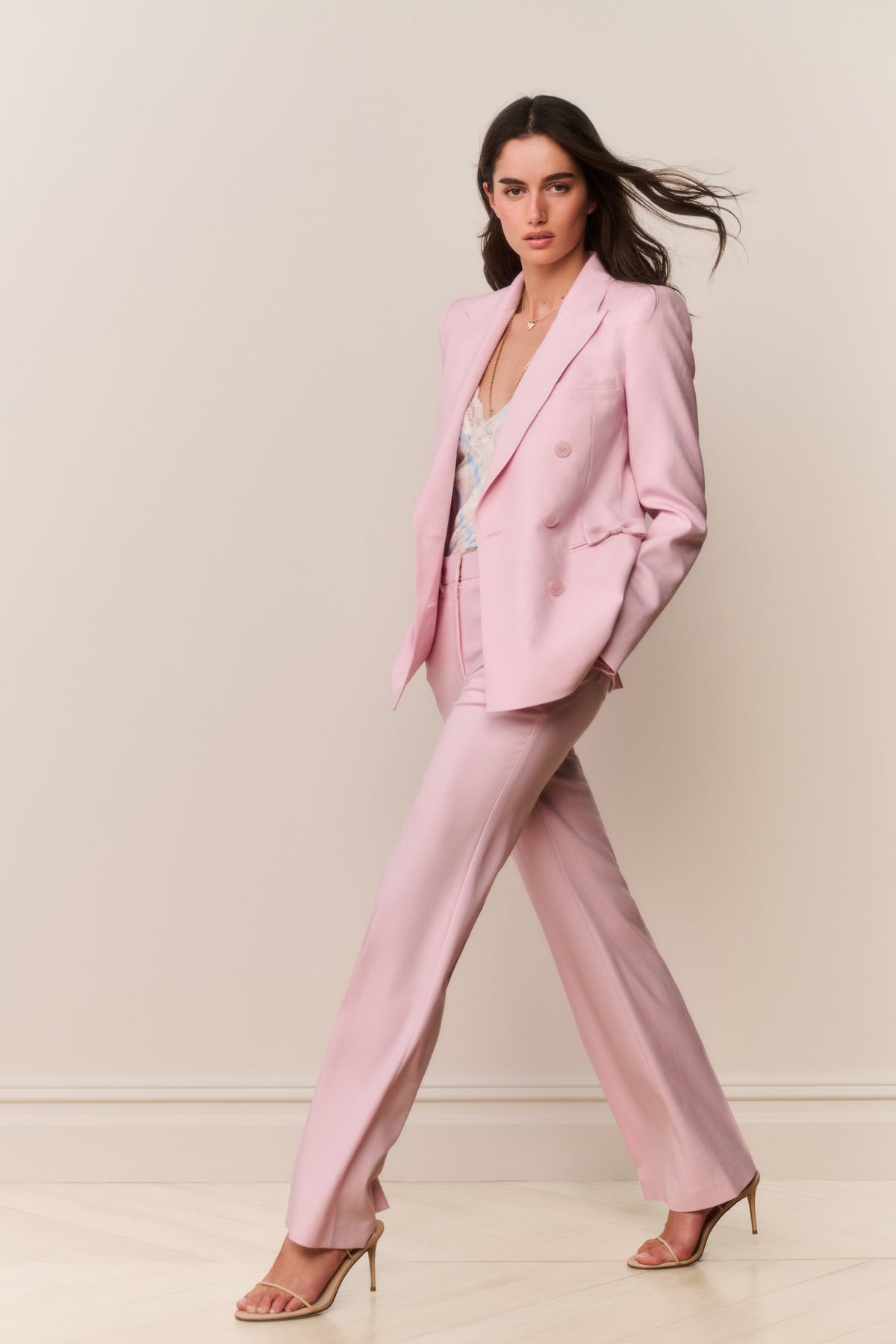 Babe pink wool-blend wide-leg trousers, full-length side view