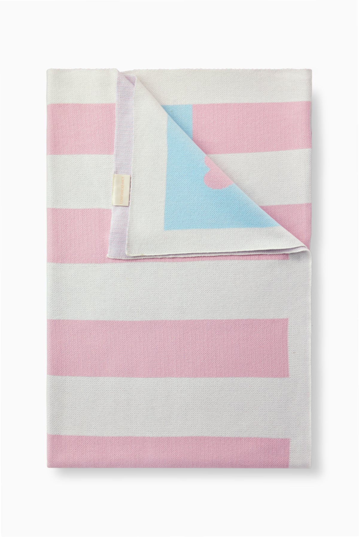 Weathered rose blanket with pink/white stripes, blue star panel, stitched hem