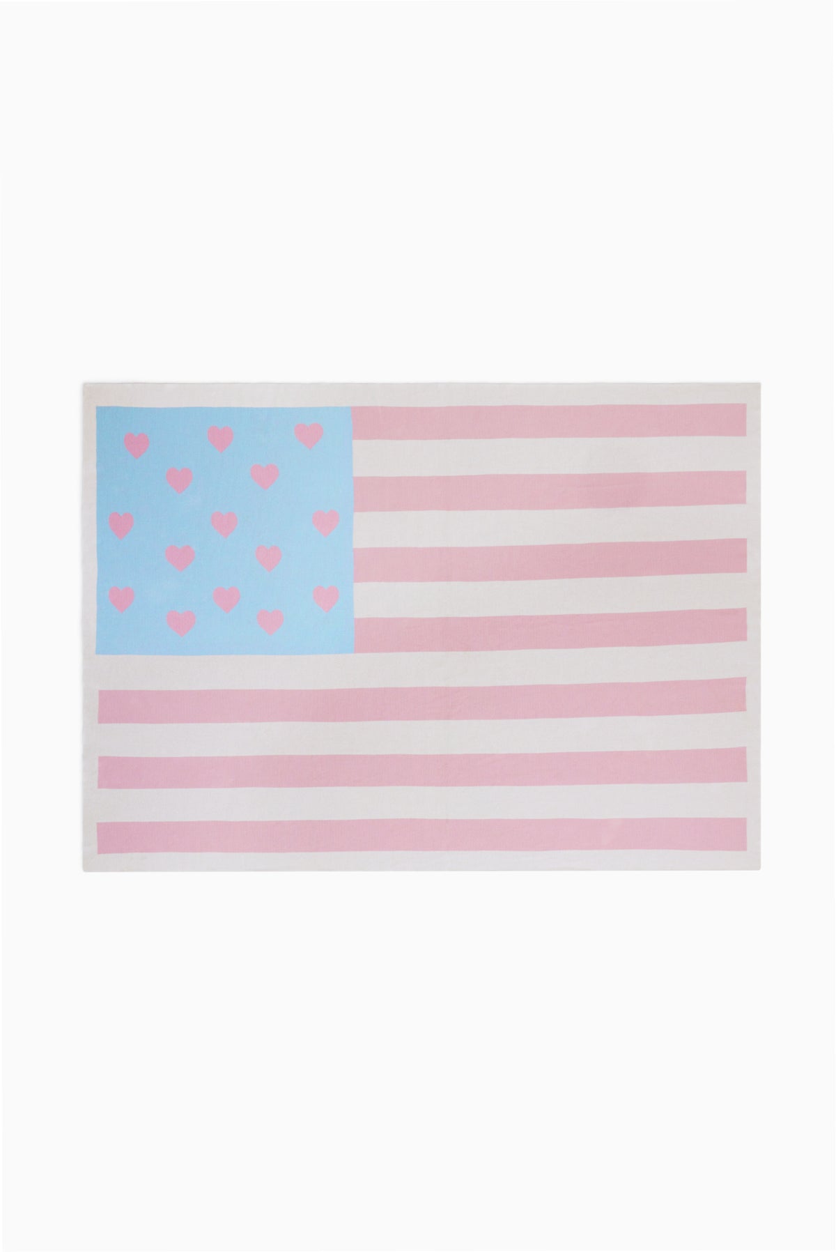 Pink and blue American flag-style blanket with heart section and horizontal stripes
