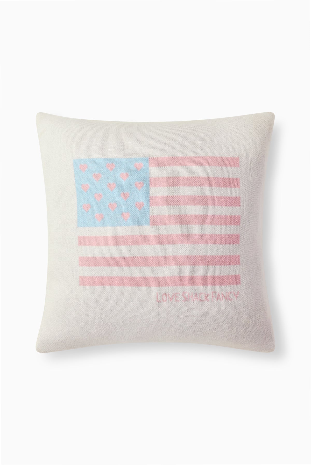 Decorative throw pillow with pink heart flag patch and stripes; LOVE SHACK FANCY