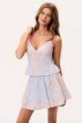 Tiered spaghetti-strap mini dress with layered skirt and V-neck