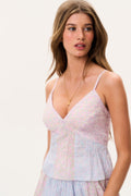 Tiered cami top with V-neck and spaghetti straps, pastel pink/blue floral
