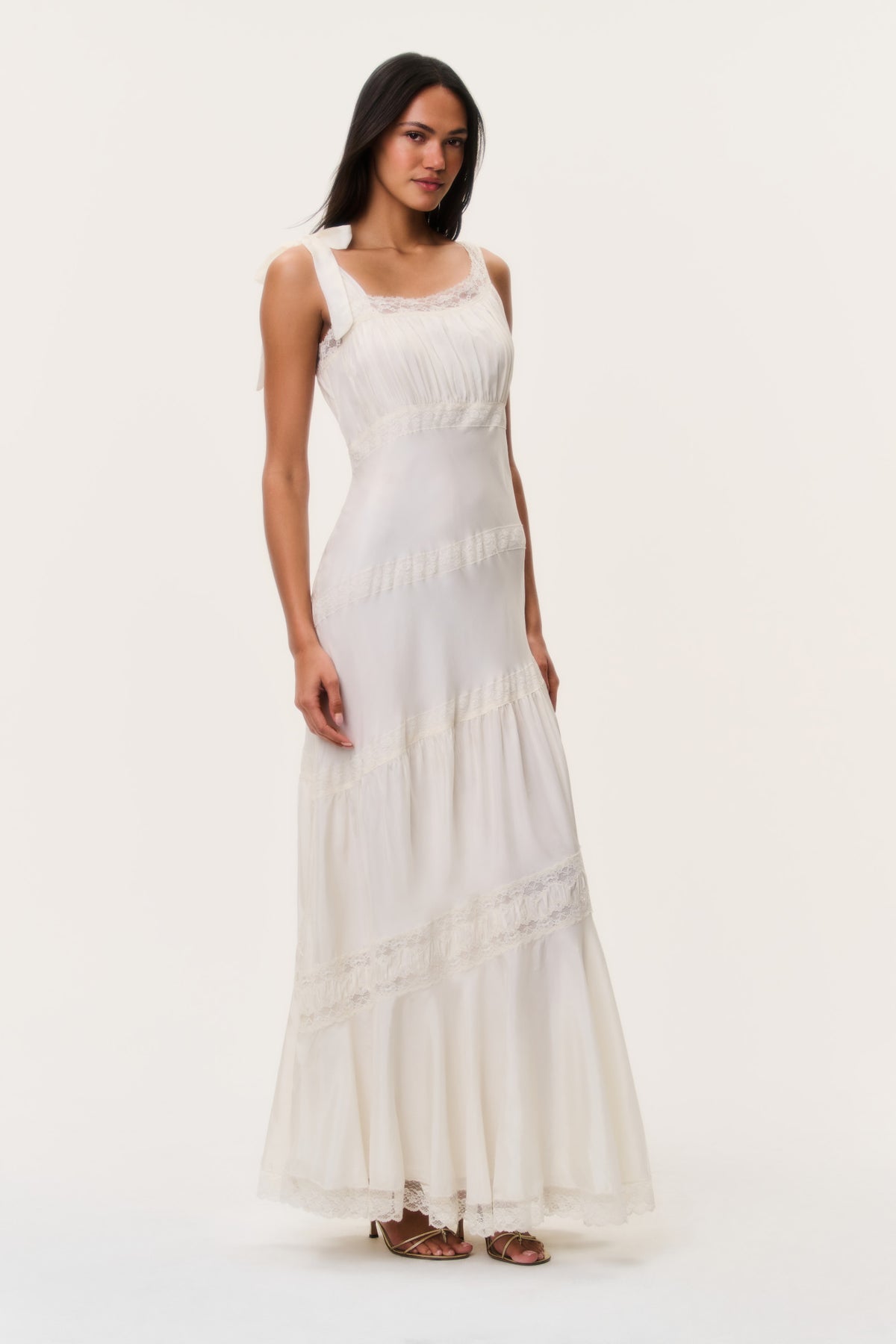 Ivory asymmetrical maxi dress with lace-trimmed square neckline and spaghetti straps