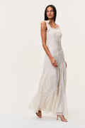 Ivory asymmetrical maxi dress with sleeveless lace yoke and flowing tiered hem