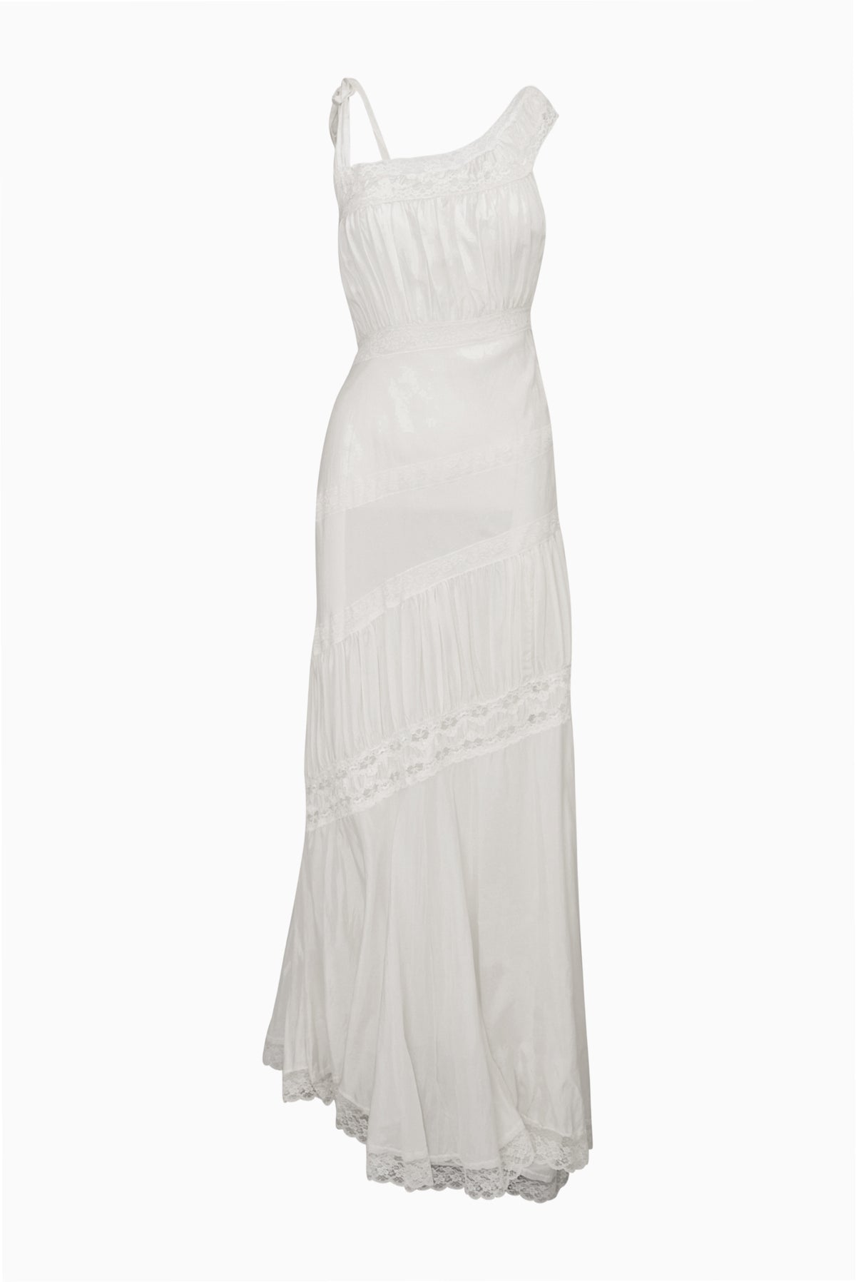 Ivory asymmetrical maxi dress front view with lace yoke and tiered, sheer skirt