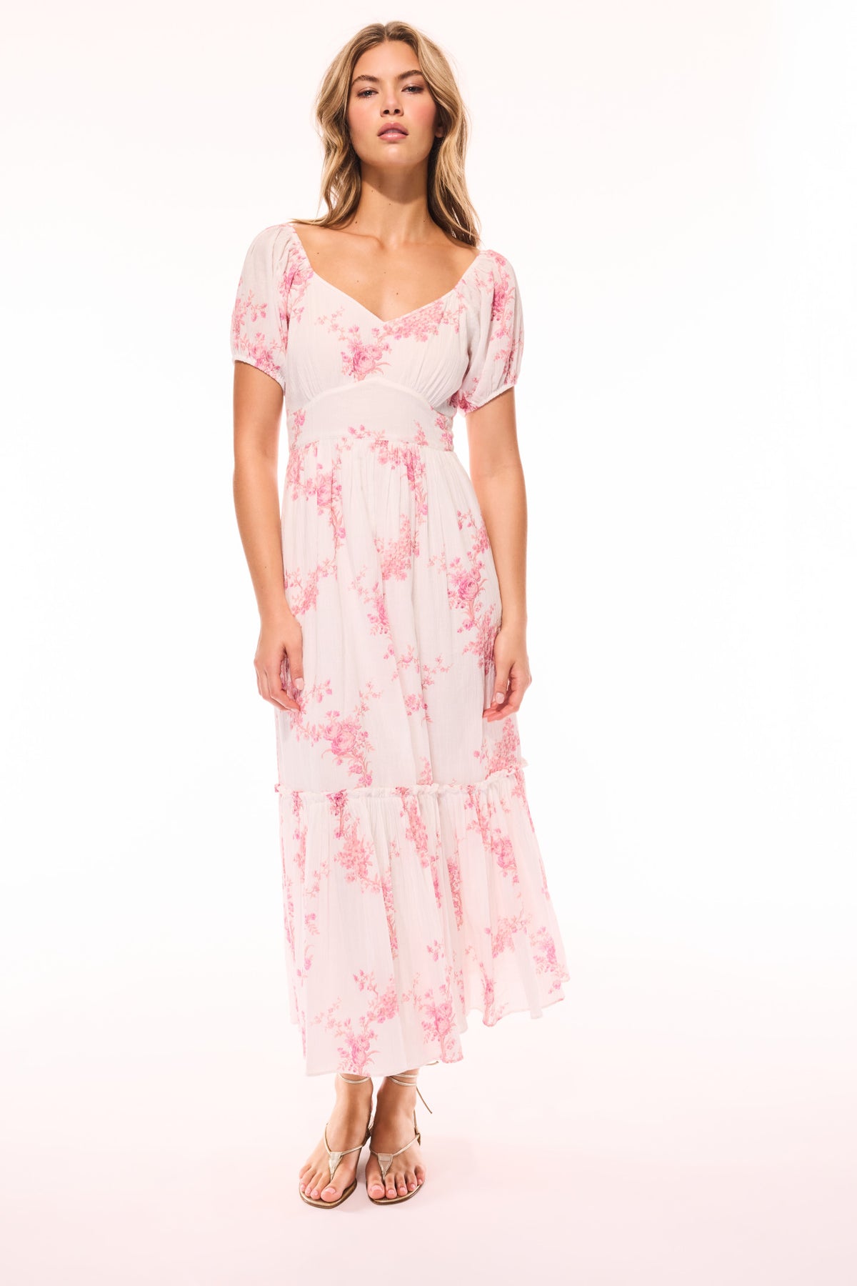 Upcycled cotton midi dress, V-neck, short puff sleeves, and layered ruffle hem