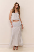 Ruffled-waist striped maxi skirt in light blue chiffon with tiered drape