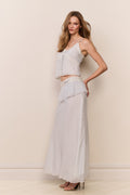 Vertical striped chiffon maxi skirt with ruffled waistband and layered front detail