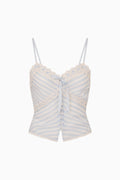 Blue striped chiffon cami top with lace trim, button-front, and adjustable spaghetti straps
