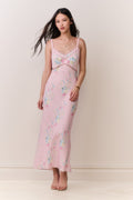 Pink floral satin maxi slip dress, full length with lace-trim straps and V neckline
