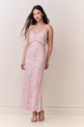 Pink floral satin maxi slip dress with lace-trim straps and flowing drape